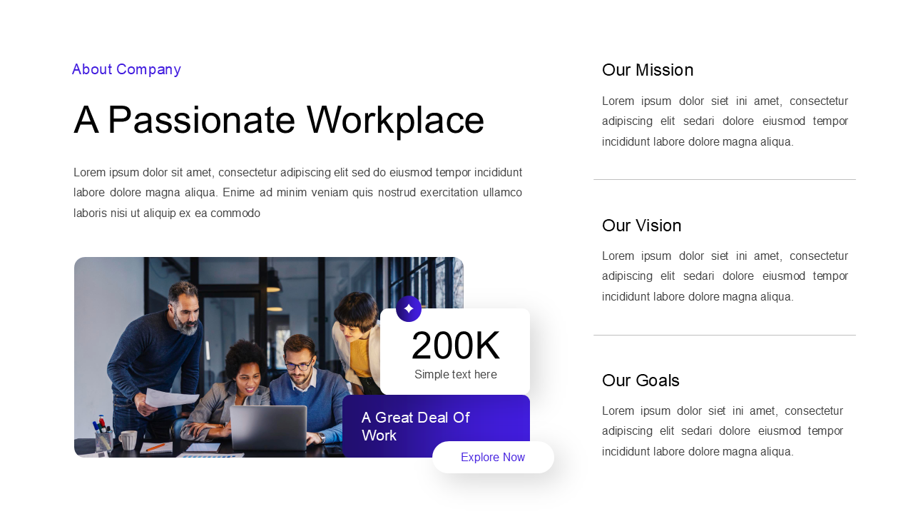 Slide featuring a team collaborating in an office setting with mission, vision, and goals statements on the right side.