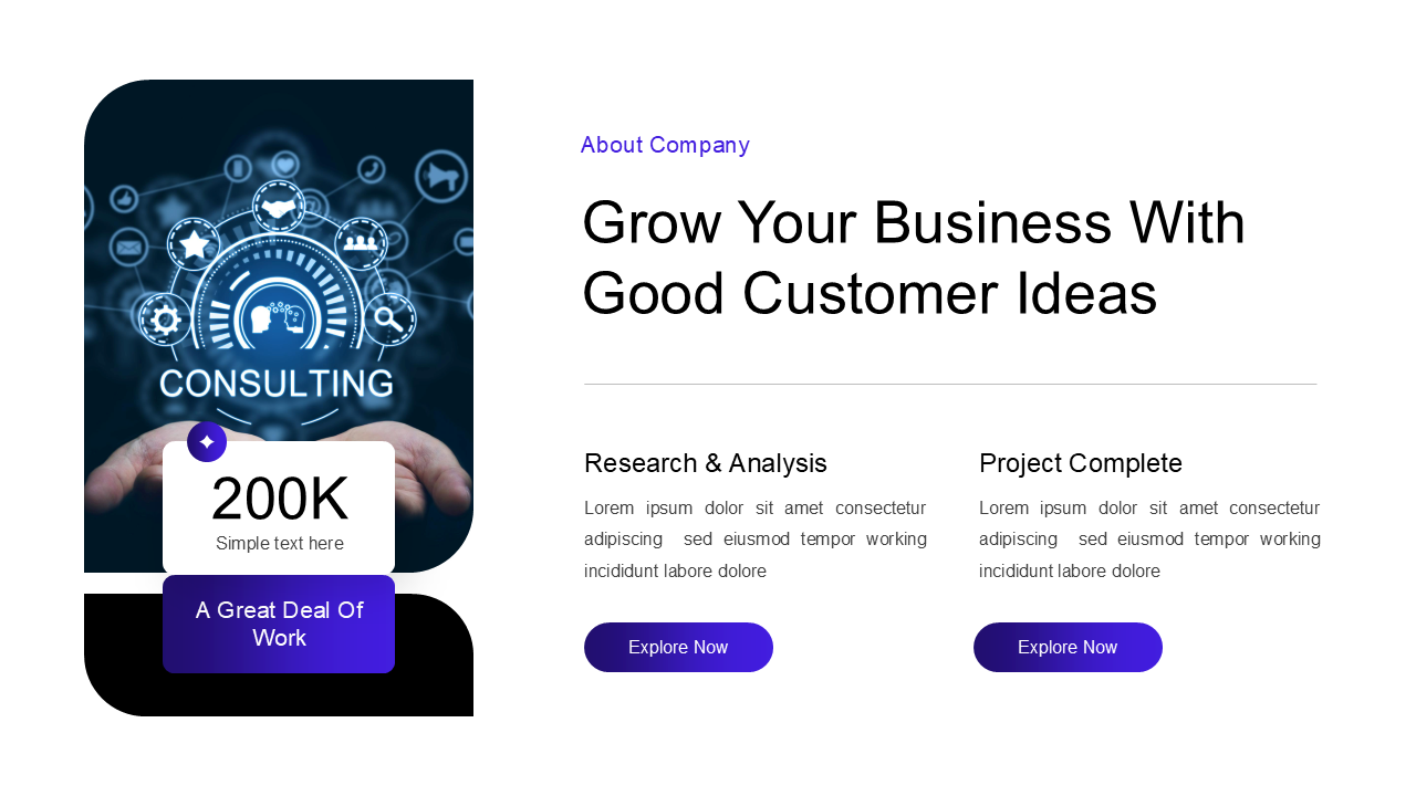 Consulting business slide with a futuristic digital theme, and bold black text with two purple explore buttons.