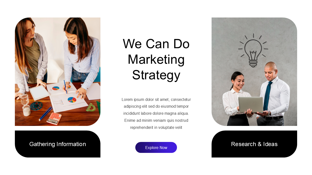 Marketing strategy slide with two images of women analyzing charts and professionals working on a laptop with a lightbulb.
