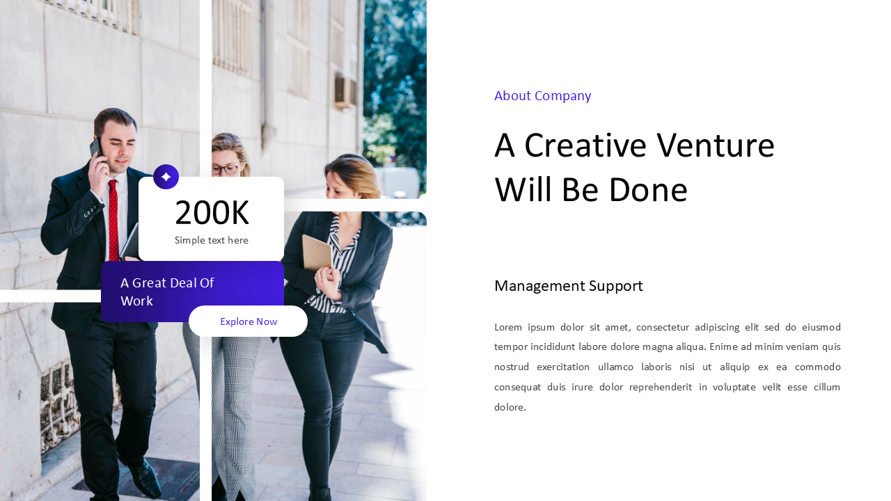 Slide layout with right aligned text, and segmented business team sidewalk photo, with floating purple and white boxes.