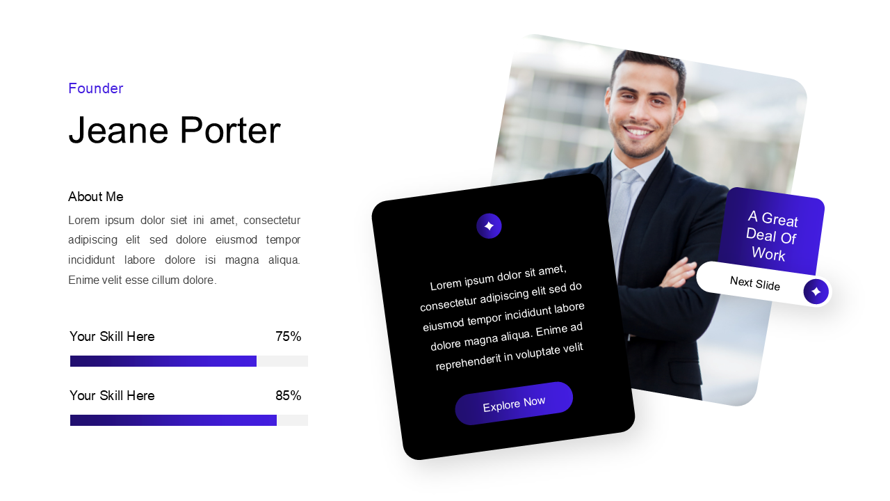 White slide with bold name, skills bars in purple, and a tilted black card over a rounded photo of a smiling man.