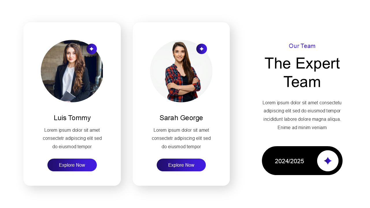 Expert slide with two profile cards, featuring circular photos, names, purple buttons, and a right aligned text block.