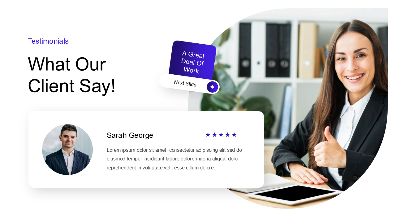 Testimonial slide with white background featuring review card with star rating, and image of smiling woman giving thumbs up.