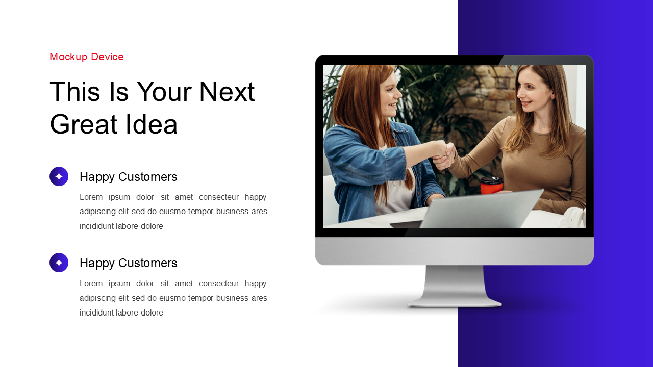 Split slide with text on the left and a computer mockup on the right showing two women shaking hands.