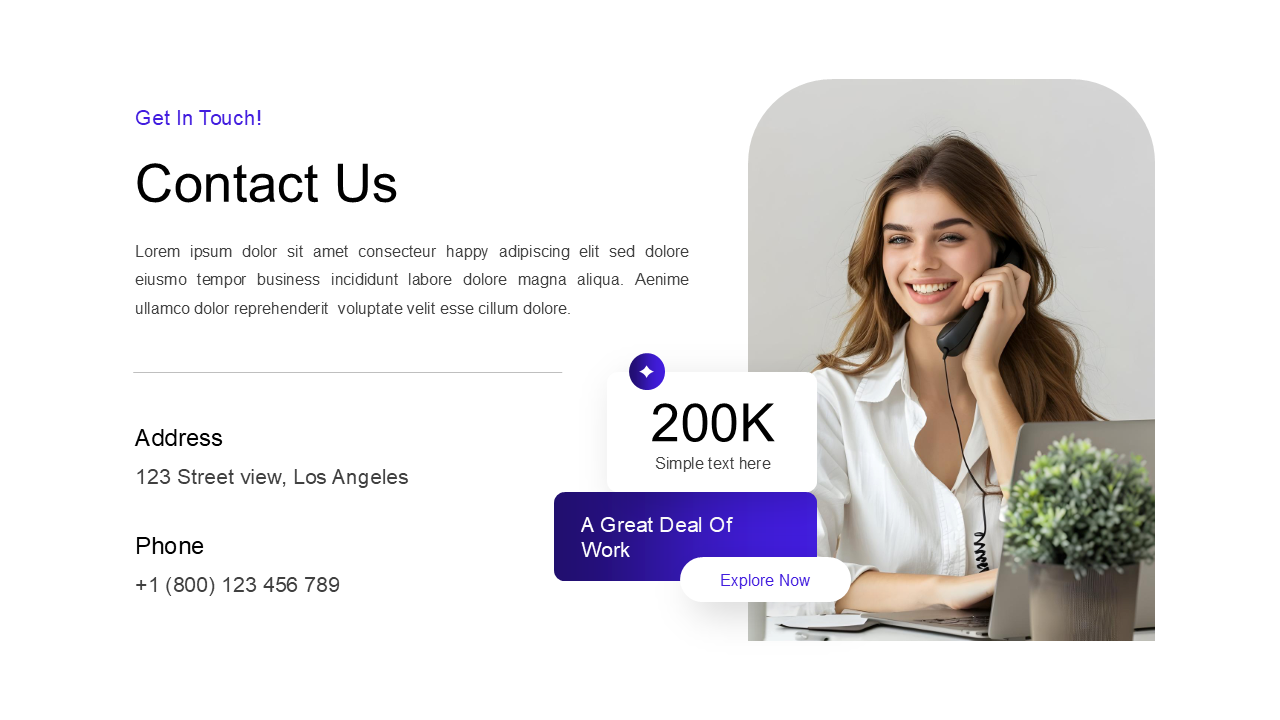 Contact slide with white background featuring black text, purple accents, and a photo of a smiling woman on the phone.