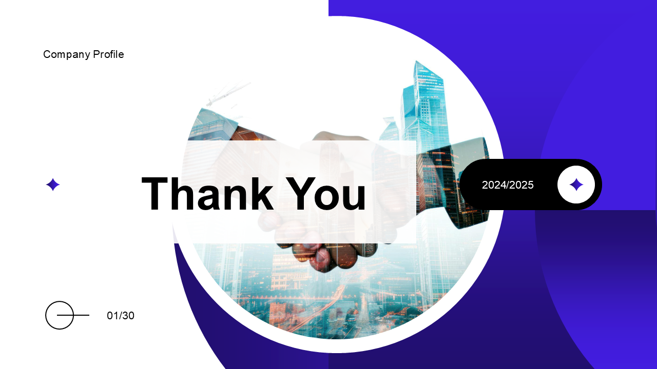 Slide with bold thank you text over a circular cityscape and handshake, with blue and purple curved accents.