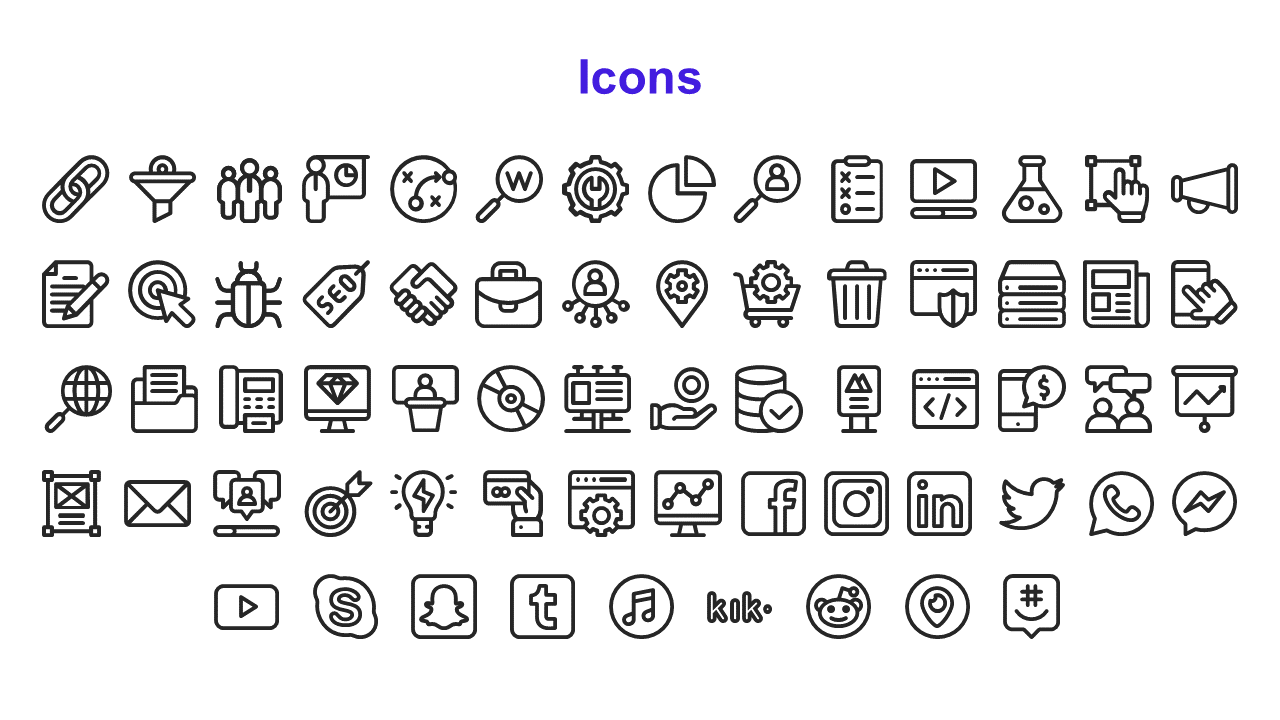 Grid of black outlined business and social media icons on white background with a bold purple title.