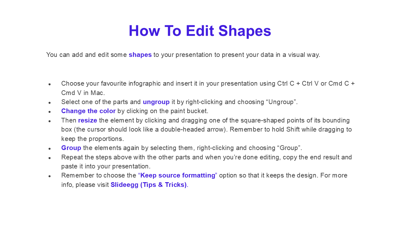 Clean instructional slide using black bullets, a purple header, and hyperlinks, outlining shapes editing steps.