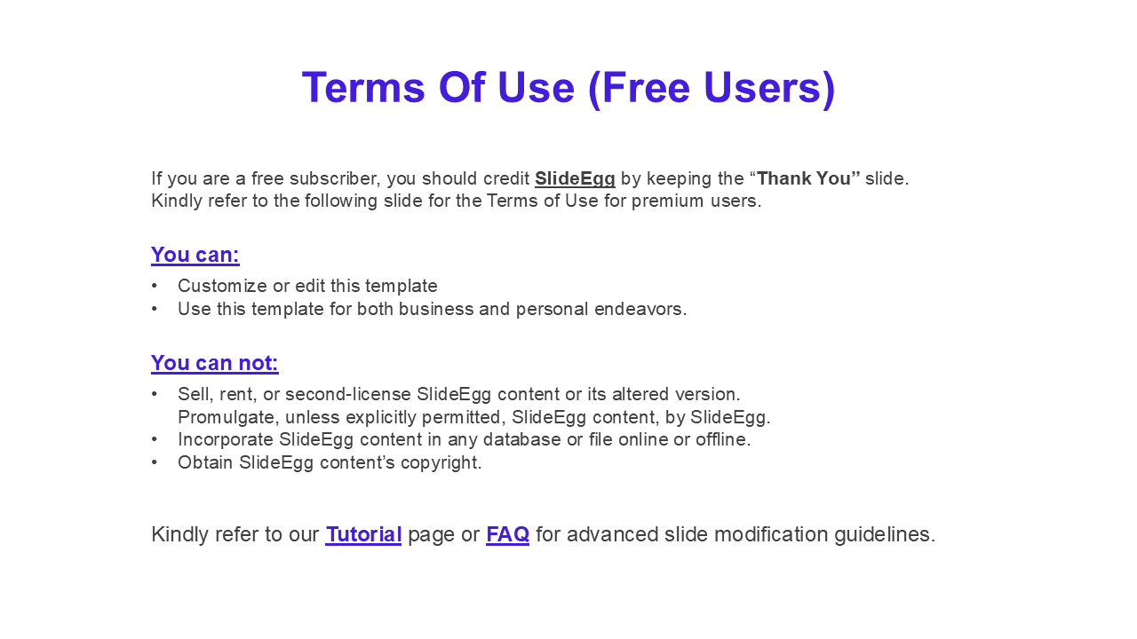 Slide with white background, bold purple title, black bullet lists, and underlined subheadings listing free users terms.