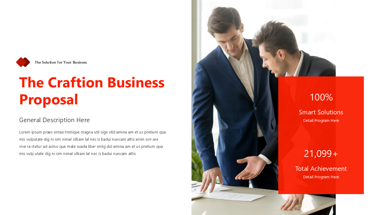 Business slide with white text area, featuring two men in suits reviewing documents and a red stat box on the right.