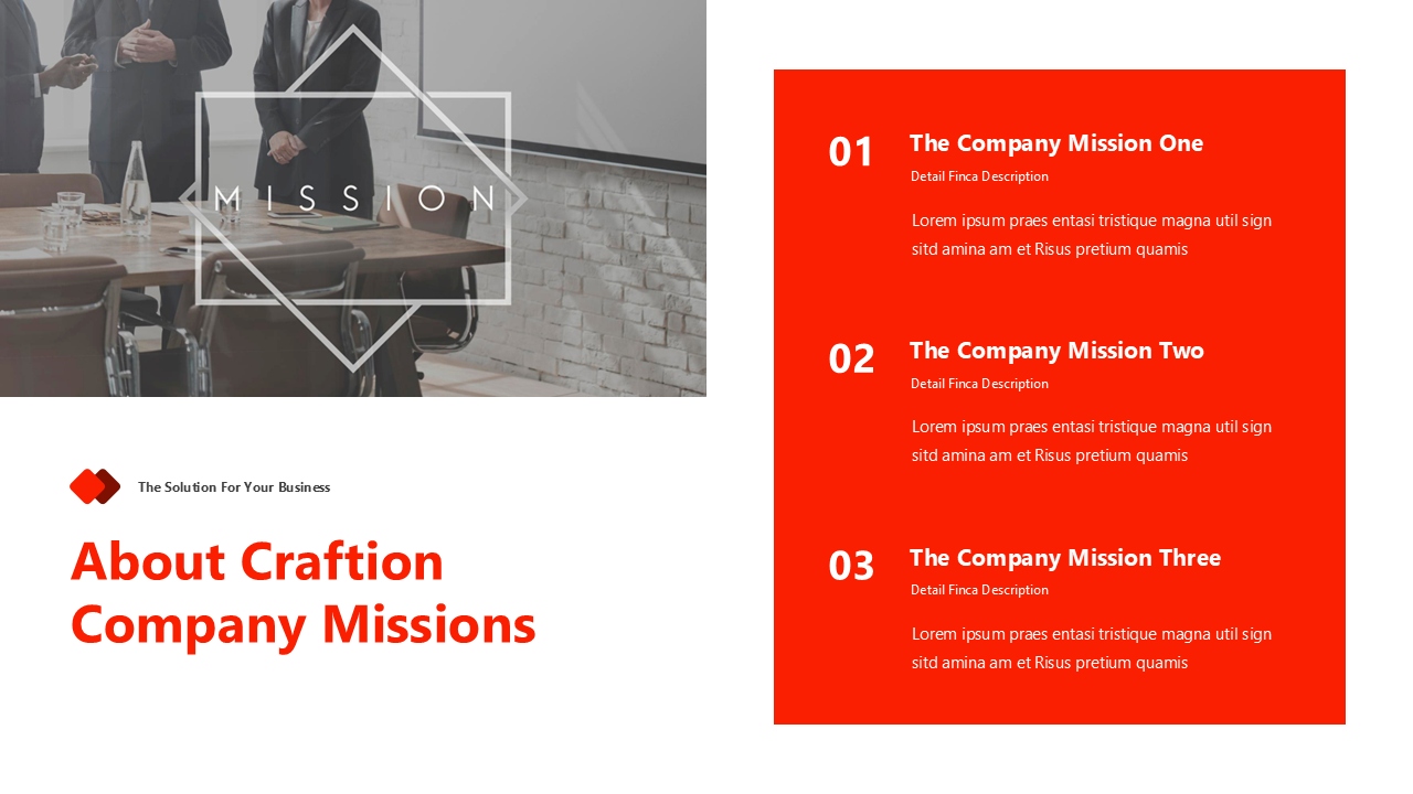 Slide with a red highlighted section listing three company missions and a grayscale professional boardroom background.