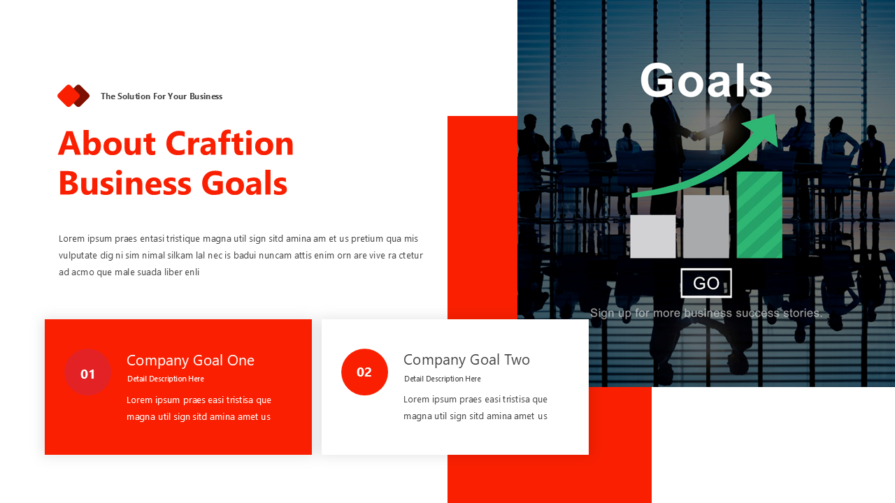 Slide with a red and white theme, two numbered goal boxes, and an upward bar chart with corporate meeting silhouette.