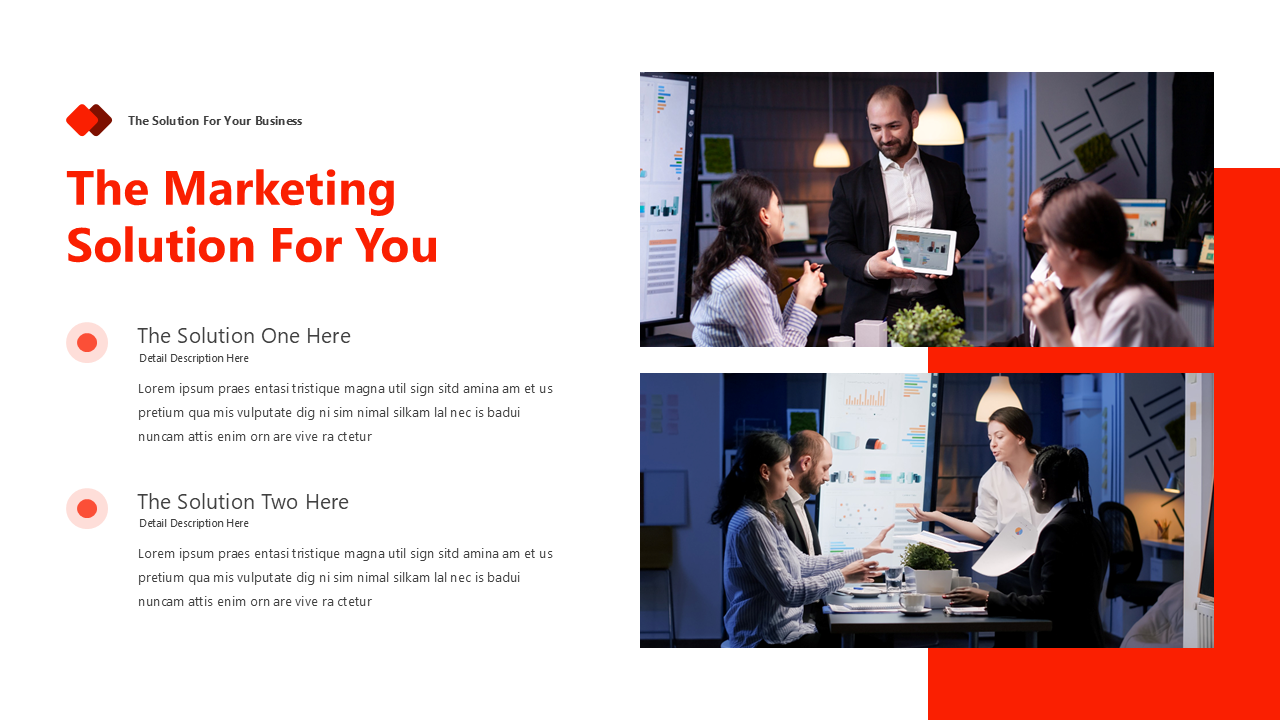Slide with a red and white theme, featuring text sections with circular icons, and two business meeting images on the right.