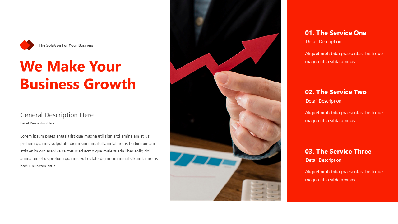 Business growth slide with a white and red theme, featuring a hand holding an upward arrow and a list of three services.