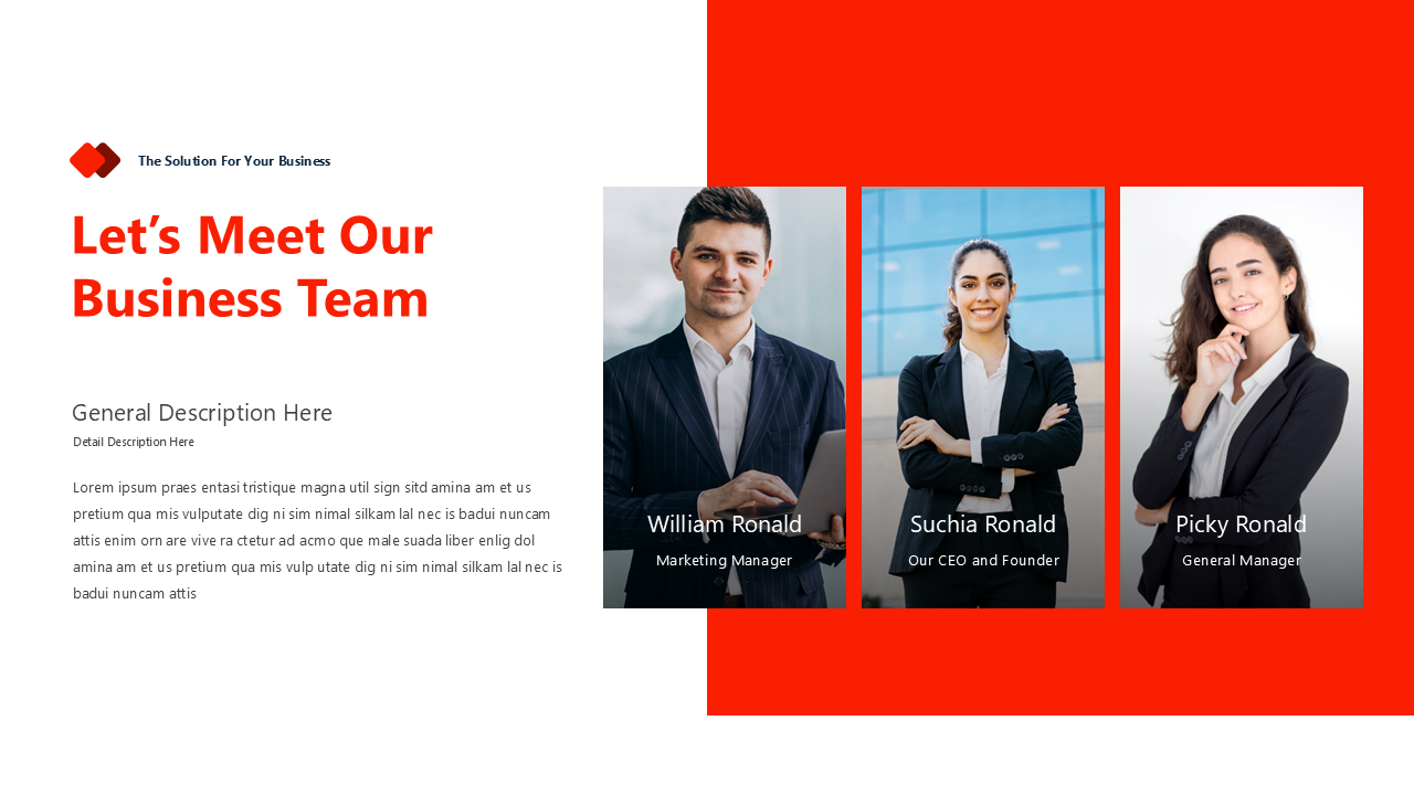 Team slide with a red and white layout, featuring three business portraits in rectangular frames with name labels.