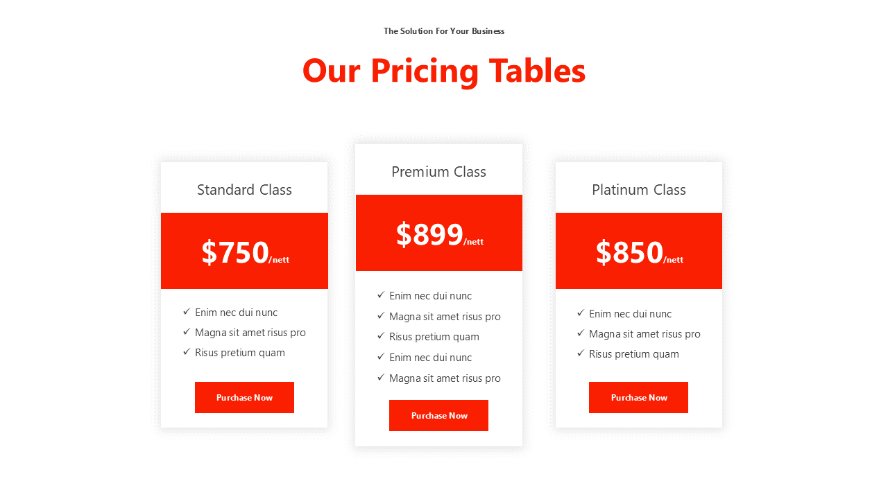 Three tier pricing plan slide with a modern red and white design, showcasing different package options with a call to action.
