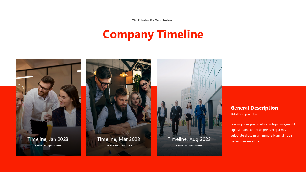 Company timeline slide with three milestone images, on a red and white layout, and a general description box on the right.