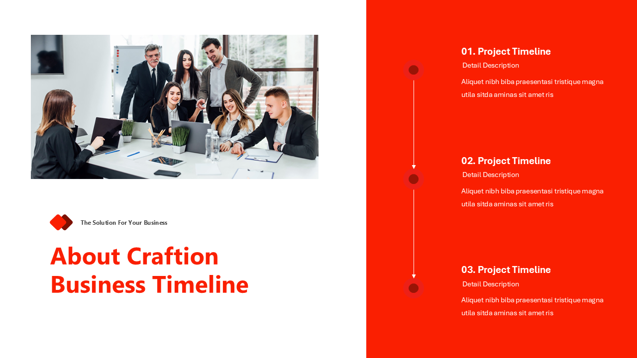 Timeline slide with a red sidebar, three numbered milestones, and an office team discussing a project in a meeting room.