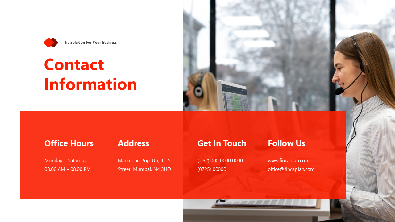 Contact slide featuring a red text block with office details and an image of call center employees wearing headsets.