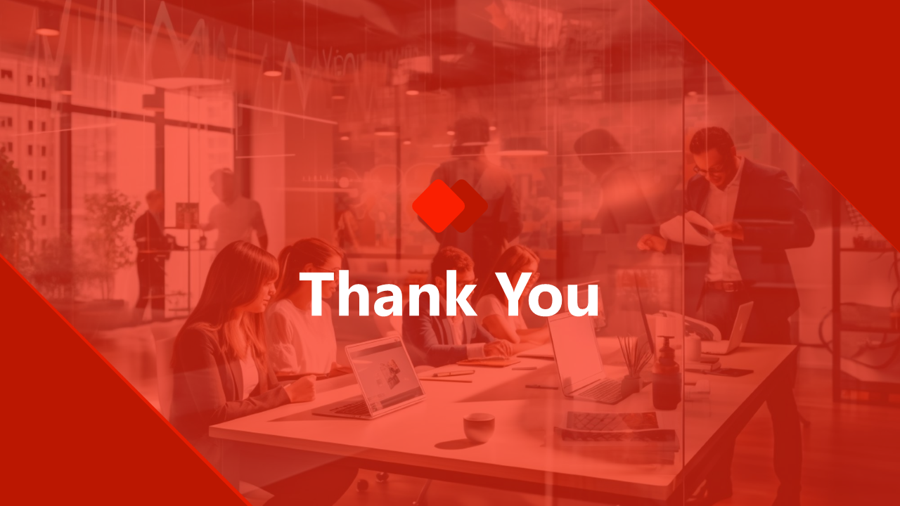Red themed thank you slide with a glass walled office background, featuring white bold text, and a centered geometric icon.