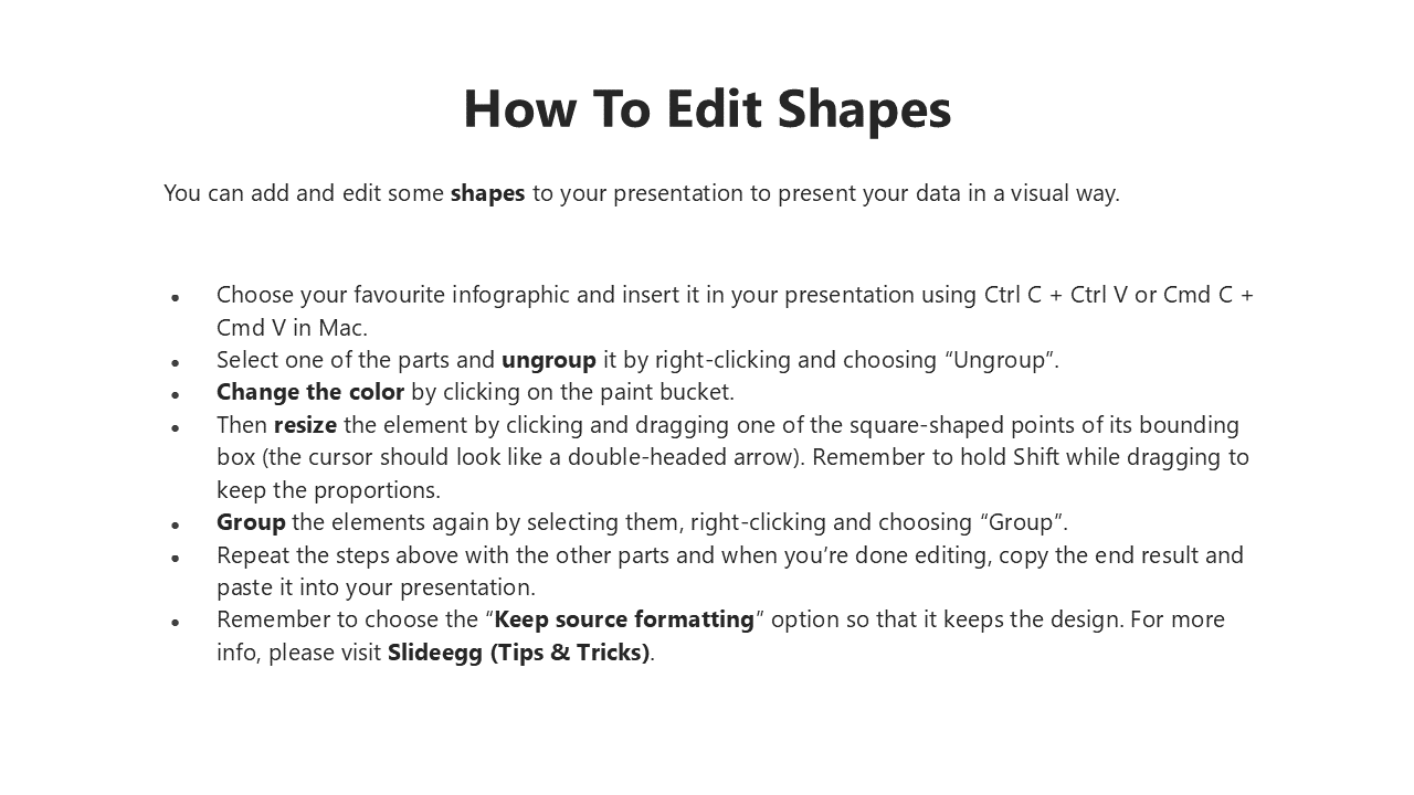 Tutorial slide with clear layout, showing steps on editing shapes with visual instructions in black and white text.