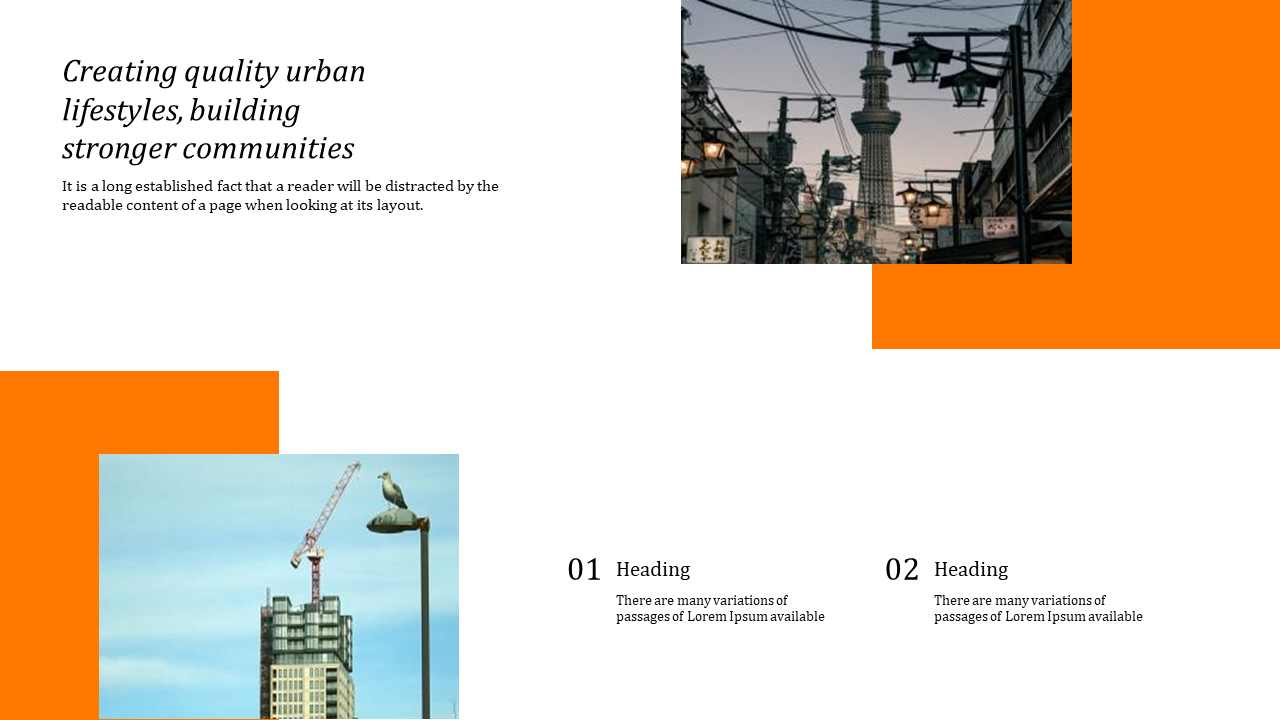 Two urban images with orange geometric blocks, showing construction and city life, with numbered text below.