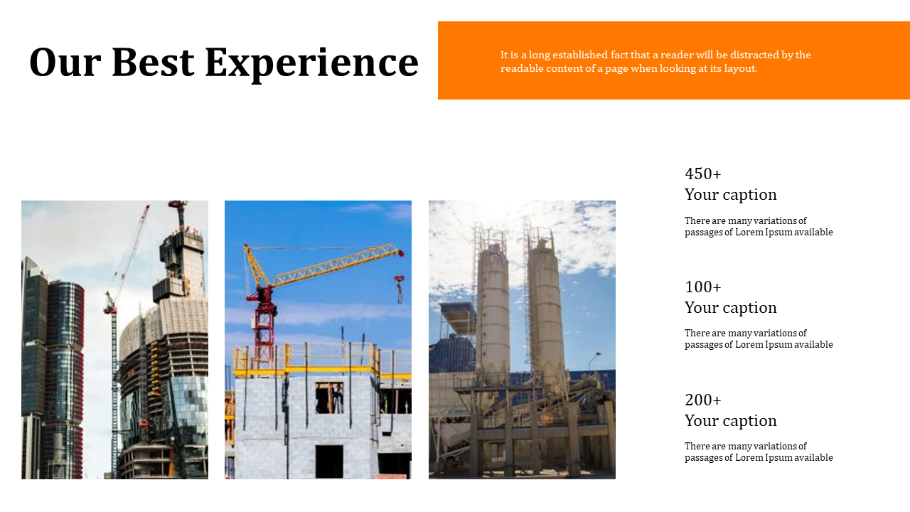 Slide with construction site photos, including cranes, buildings, and machinery, with progress stats on the right.