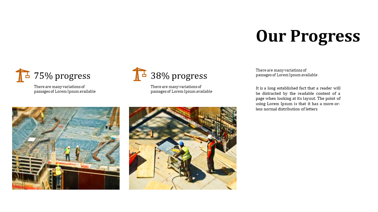 Progress slide with two construction images showing percentages with icons and labels for each.