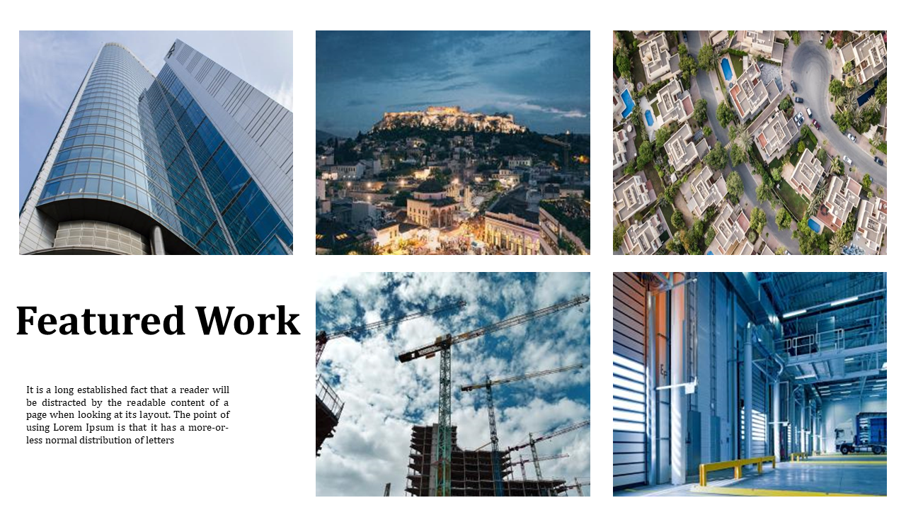 Six panel layout showing modern buildings, historic landmarks, aerial view of homes, construction cranes, and a text block.