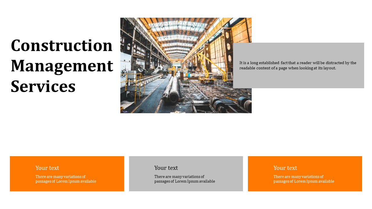 Factory interior photo with bold title on the left, and three content blocks below in orange and gray.