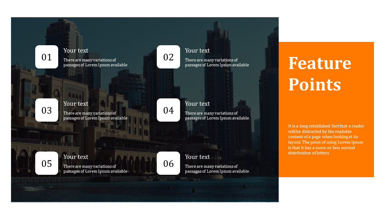 Six numbered white boxes with feature text over a darkened cityscape image, with orange text panel on the right.