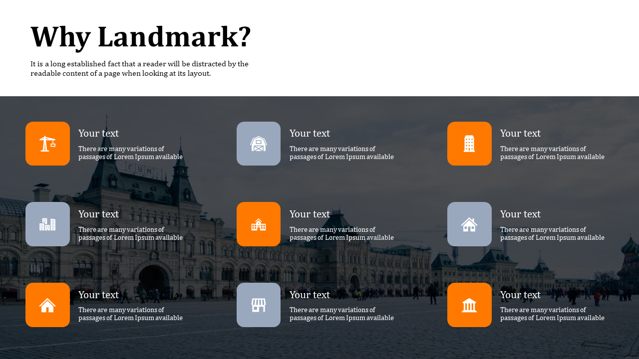 Landmark slide with grid of nine orange and gray icons on a historic plaza background, each with short descriptive text.