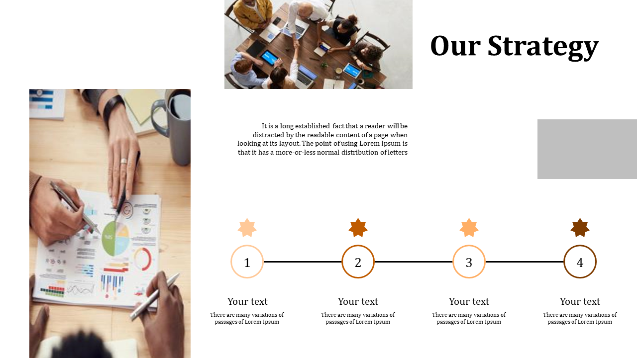 Business strategy layout showing a meeting and hands working on analytics charts, with four numbered circles and stars above.