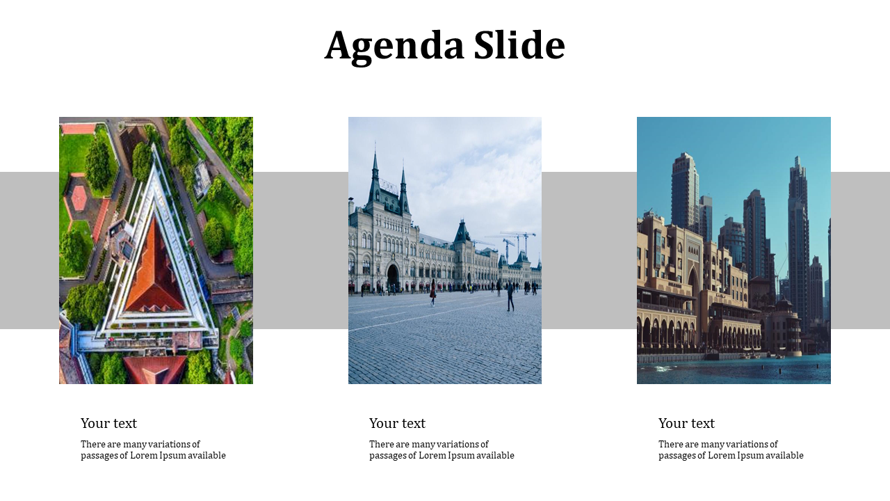 Tri column agenda layout featuring triangular, modern, and historic architecture images with space for notes.