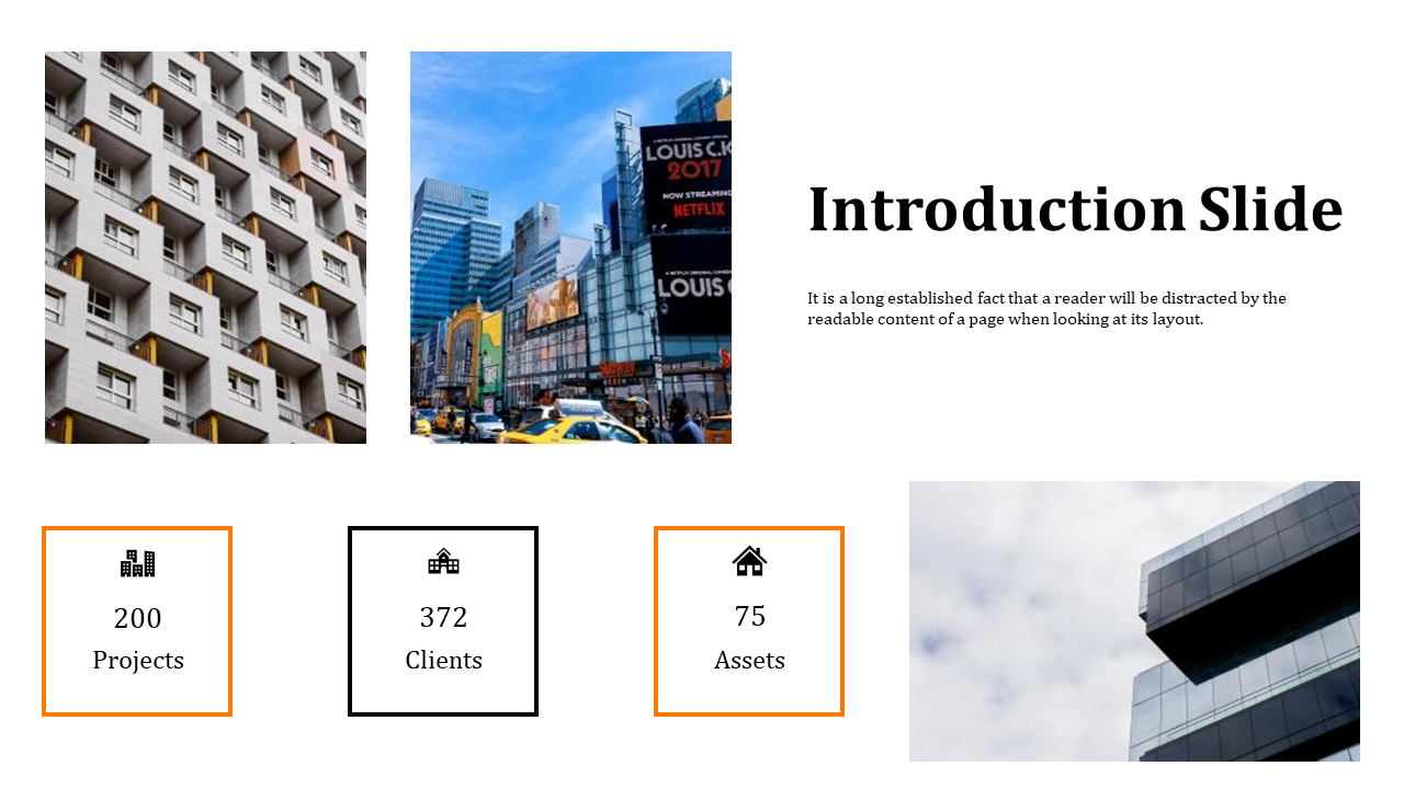 Introduction layout with grid of urban images with three orange and black outlined boxes with icons and bold numbers.