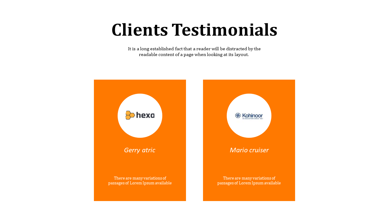 Two orange testimonial cards with circular client logos and names, centered on a white background.