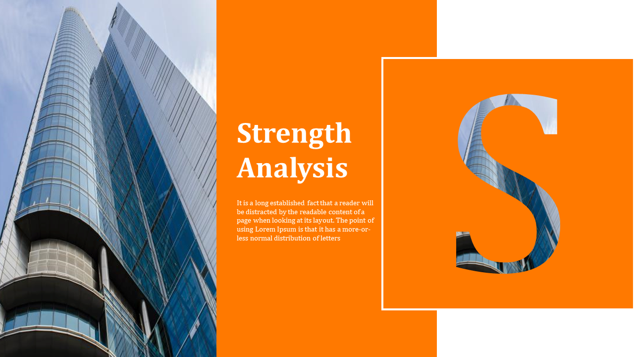 Tall building photo embedded inside a large letter S over orange backdrop, paired with strength analysis text.