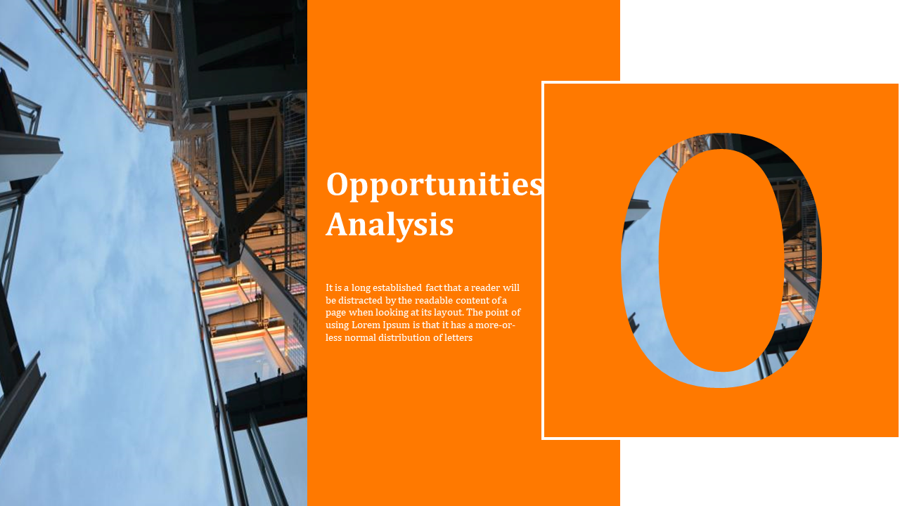 Bright orange layout for opportunities analysis with a bold O cutout revealing a structural upward photo.