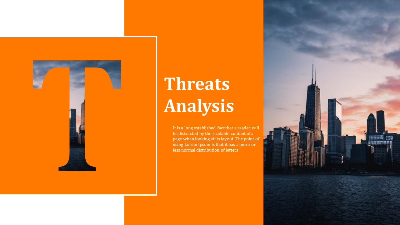 Bold orange slide with large T cutout showing city skyline, paired with text for threat analysis and photo on the right.