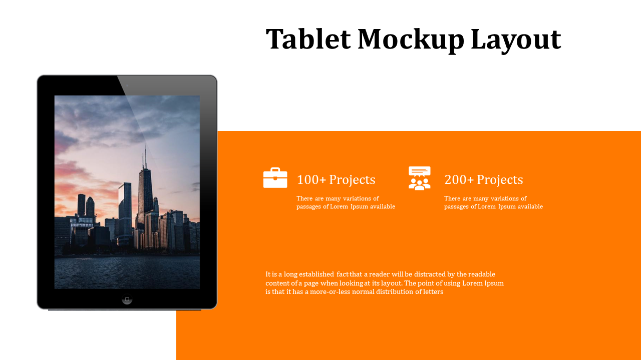 Tablet mockup showing a city skyline, and an orange background highlighting project stats using white icons and text.