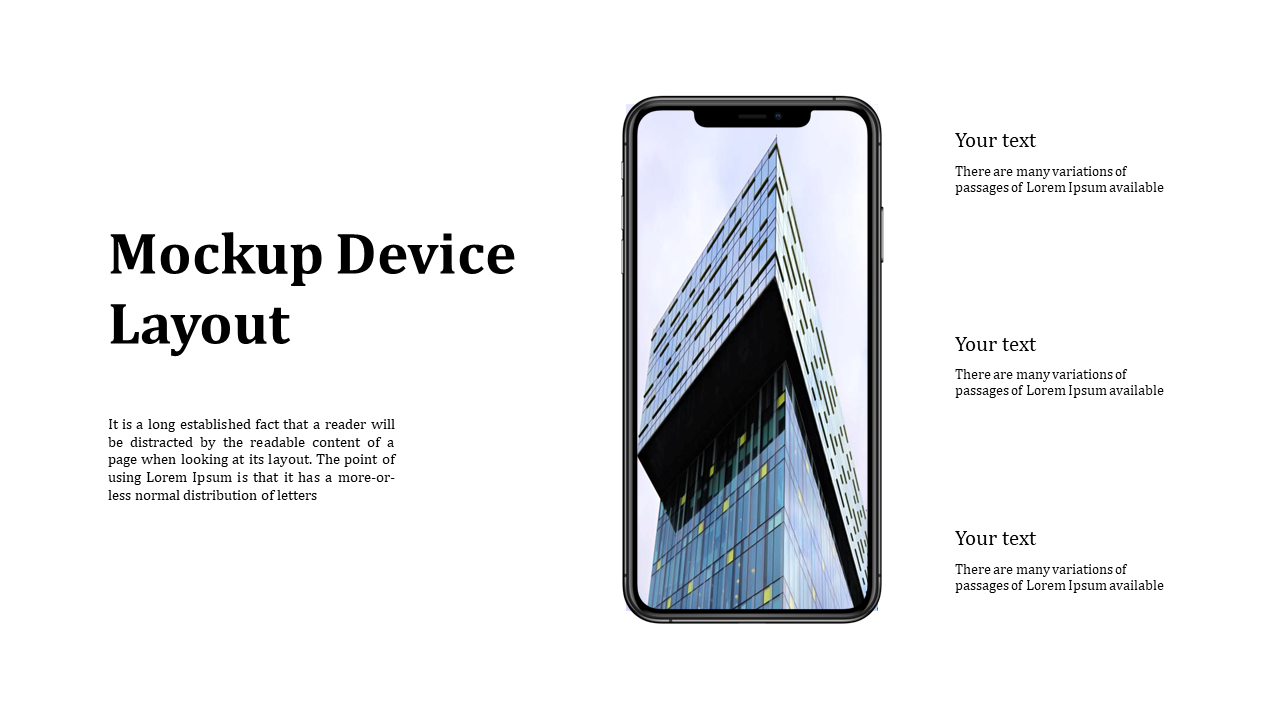 Smartphone mockup centered with a high rise building on screen, and three text blocks aligned to the right.