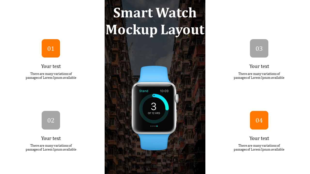 Smartwatch mockup centered over a cityscape, with four numbered text boxes in orange and gray on both side.