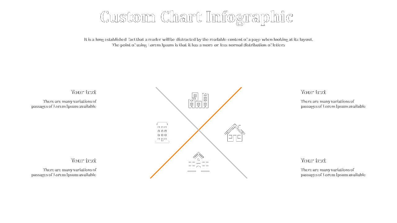 Slide with four black real estate icons, split by an orange and gray cross on a white background.