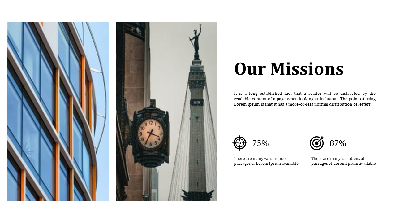 Side featuring a glass building, a historical clock, and a monument, with percentage based statistics on the right.