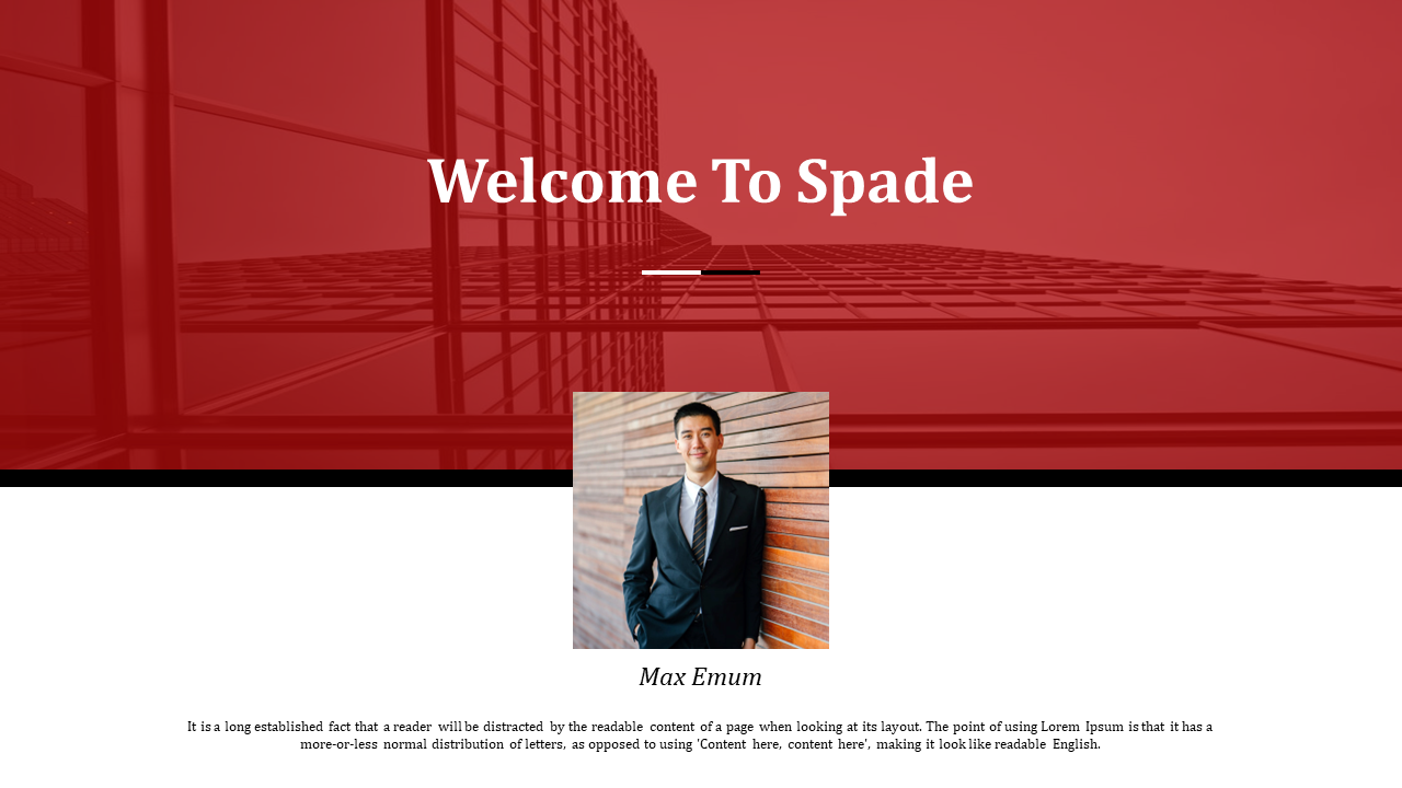 Slide with a red and white background, displaying photo of a person and a title with text at the bottom.