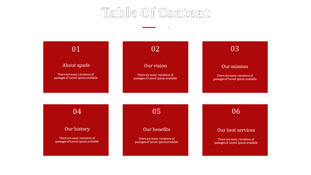 Grid layout with six red blocks, each labeled by section number and title, with black footers and placeholder text.
