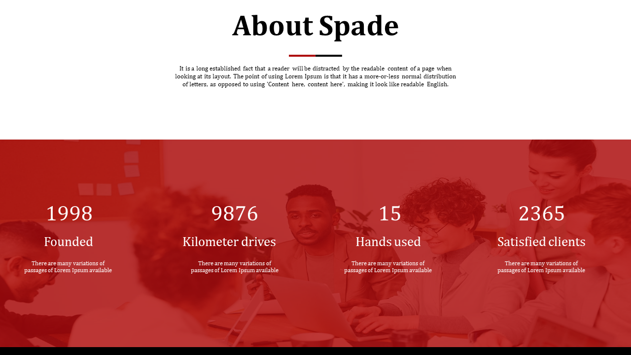 Split layout with white top for title and red transparent bottom featuring four numeric info blocks with team photo backdrop.