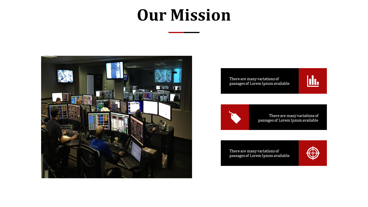 Dark control room with people at multi monitor workstations, and three black text boxes with red icons on the right.