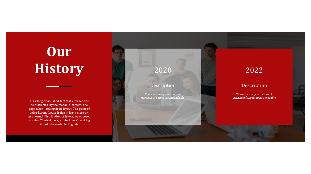 Bold red section on left with white header and two transparent overlay box with year labels, over an office meeting photo.