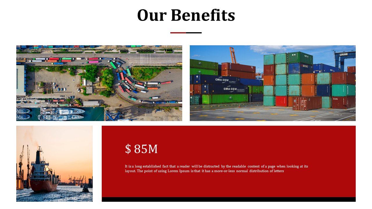 Grid layout of aerial shots, stacked containers, shipping visuals, and a red rectangular box showing financial stat.